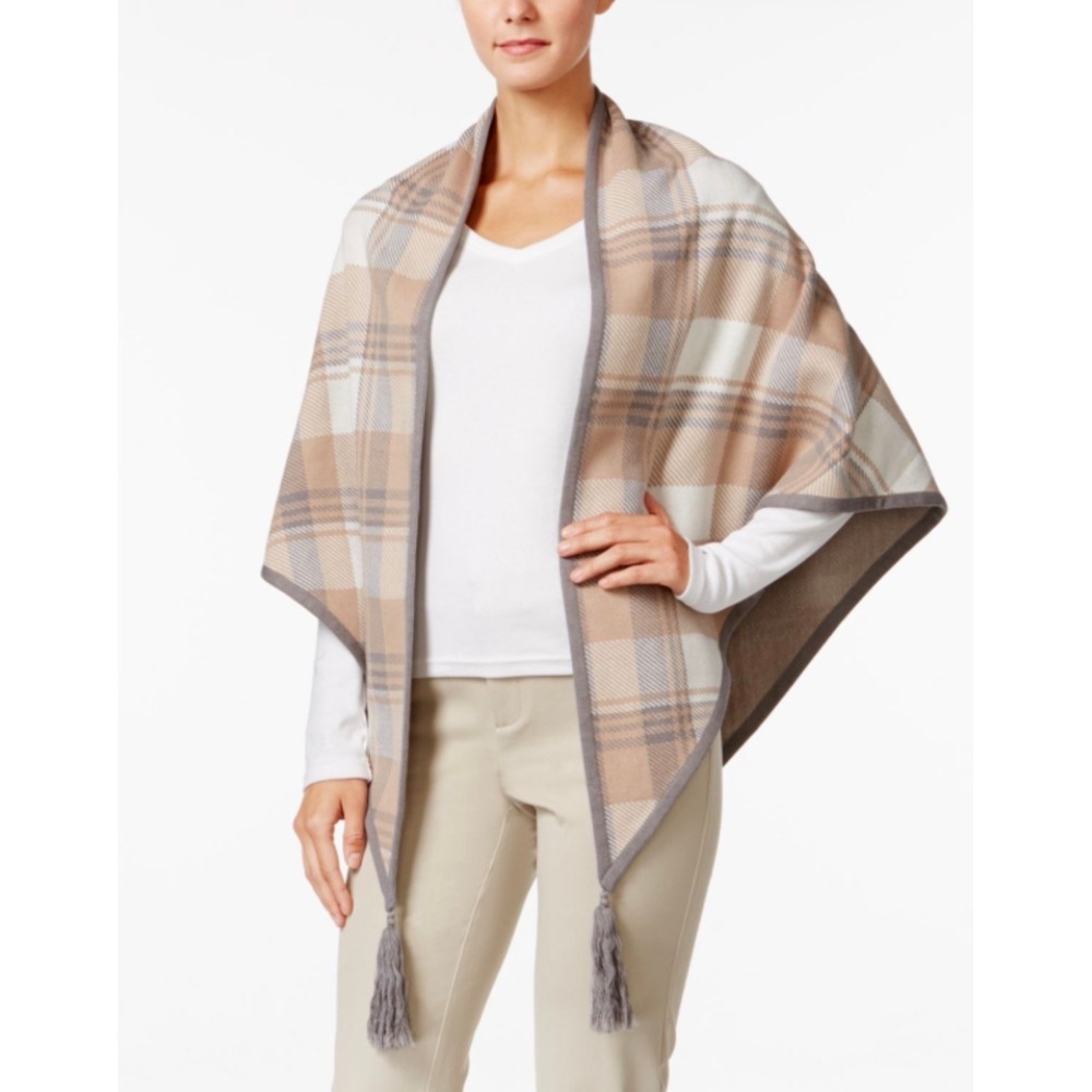 NWT Charter Club Alpine Chalet Plaid Wrap Scarf Tassel Tan Cream Grey One Size